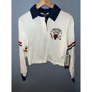 No Boundaries Stranger Things Hellfire Club Cropped Rugby Shirt White XS 0-2 NWT